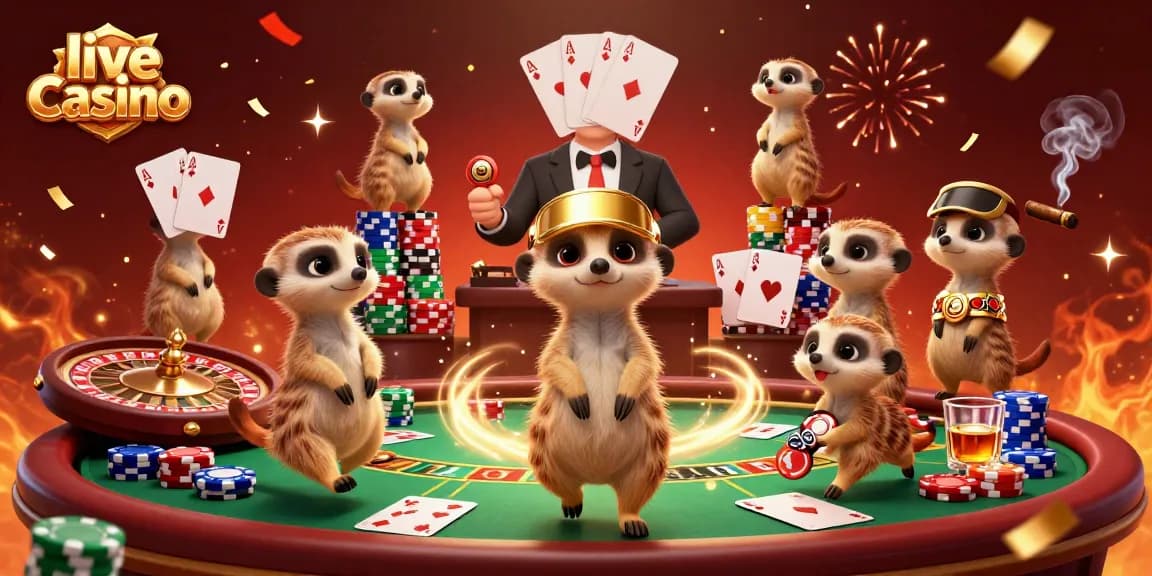 Engage in a vibrant live casino scene with meerkats managing games, chips, and cards.