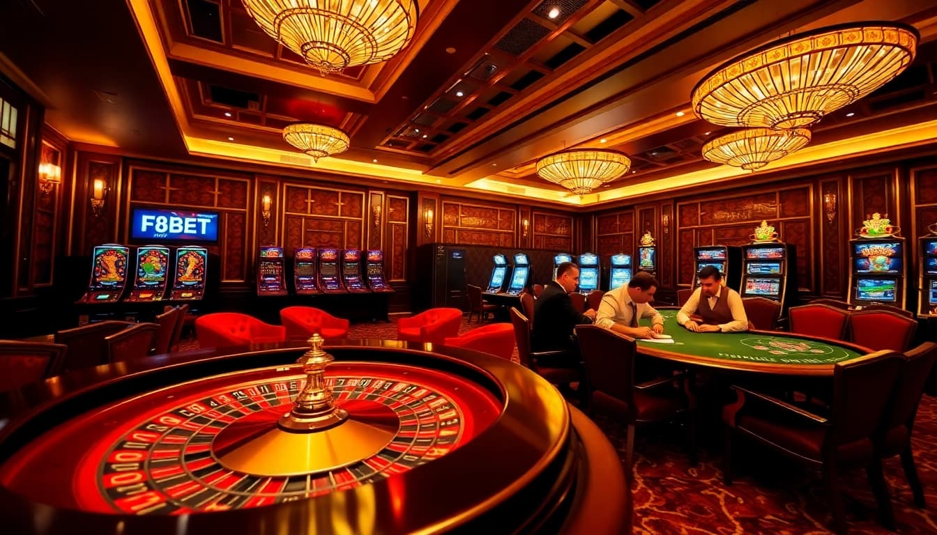 Experience high-stakes excitement at F8BET with luxurious casino tables and vibrant gambling action.