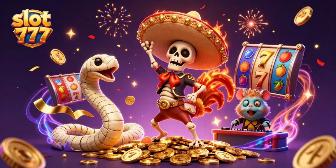 Spin the reels of slot 777 while enjoying vibrant celebrations with dynamic characters and casino elements.