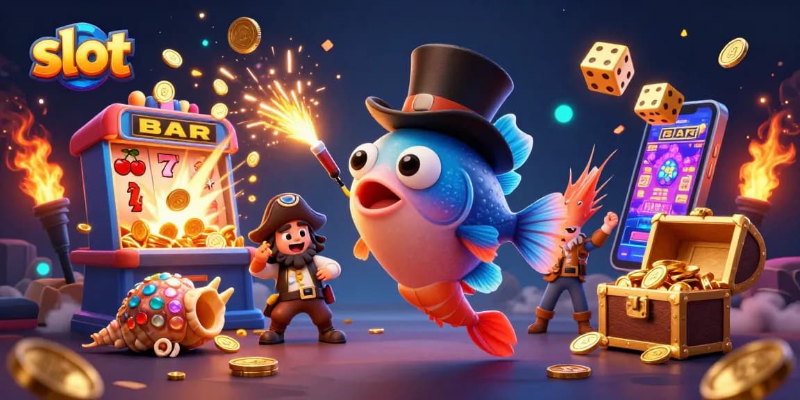 Catch exciting slot wins with a 3D anglerfish in a top hat, glowing coins, and dynamic casino atmosphere.