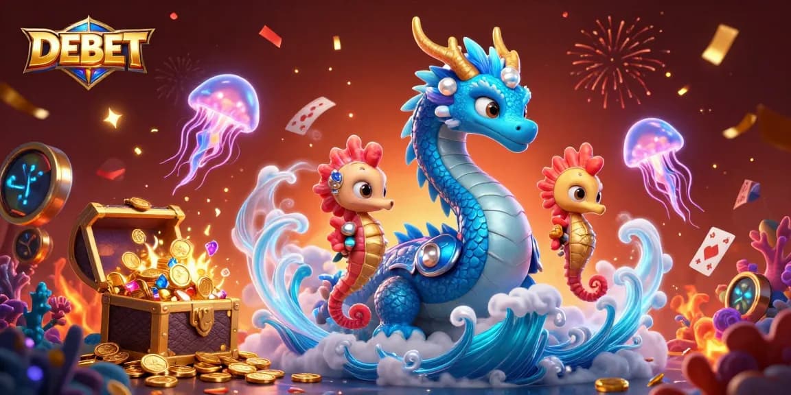 Engage in thrilling casino action with DEBET, featuring a water dragon, coral knight, and gaming elements.