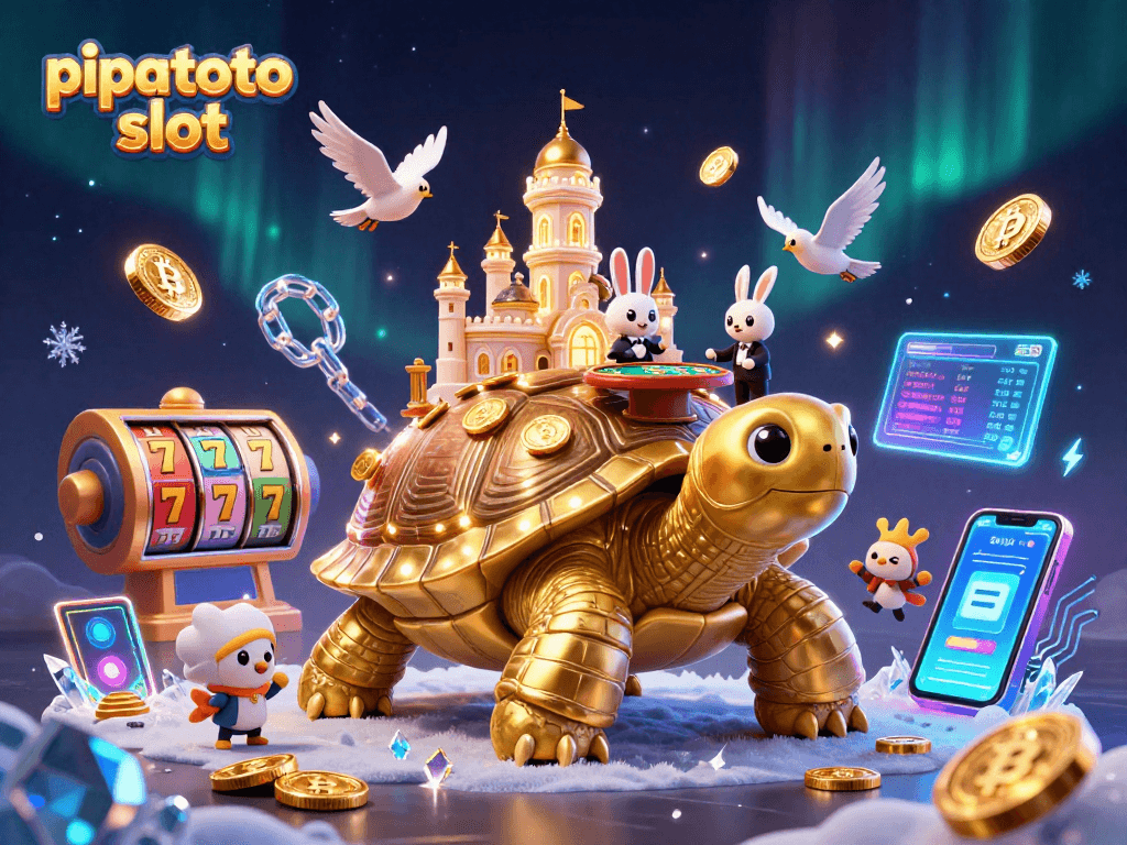 Pipatoto slot showcases a vibrant 3D scene with a golden tortoise casino and a rabbit dealer, enhancing excitement.