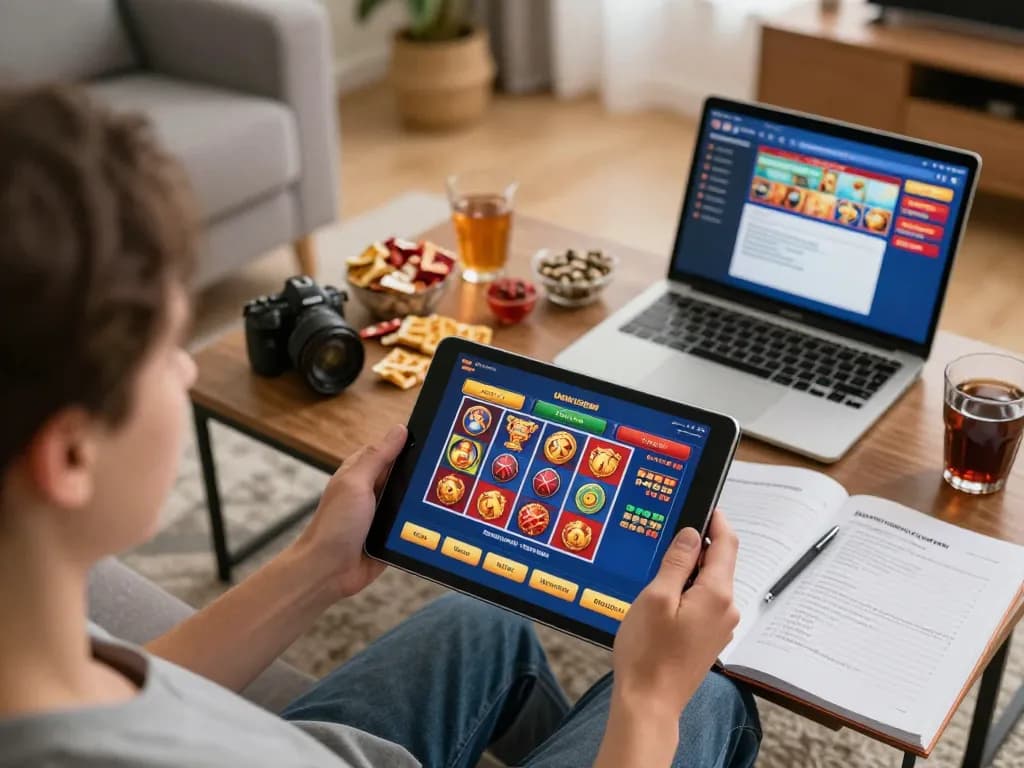 Play slots on lucks8 with a gaming tablet at home, highlighting a relaxed and responsible gambling atmosphere