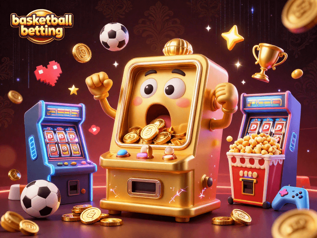 Experience basketball betting excitement with animated slot machines celebrating jackpots amidst bright arcade games.