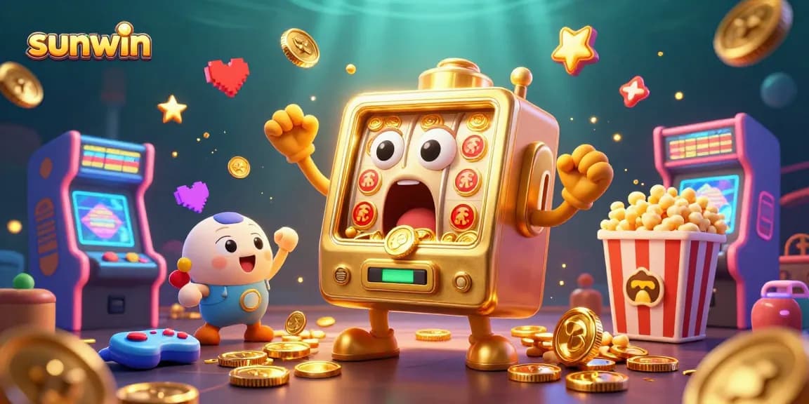 Spin the sunwin slot machine and celebrate as golden coins pour out in a vibrant casino scene.