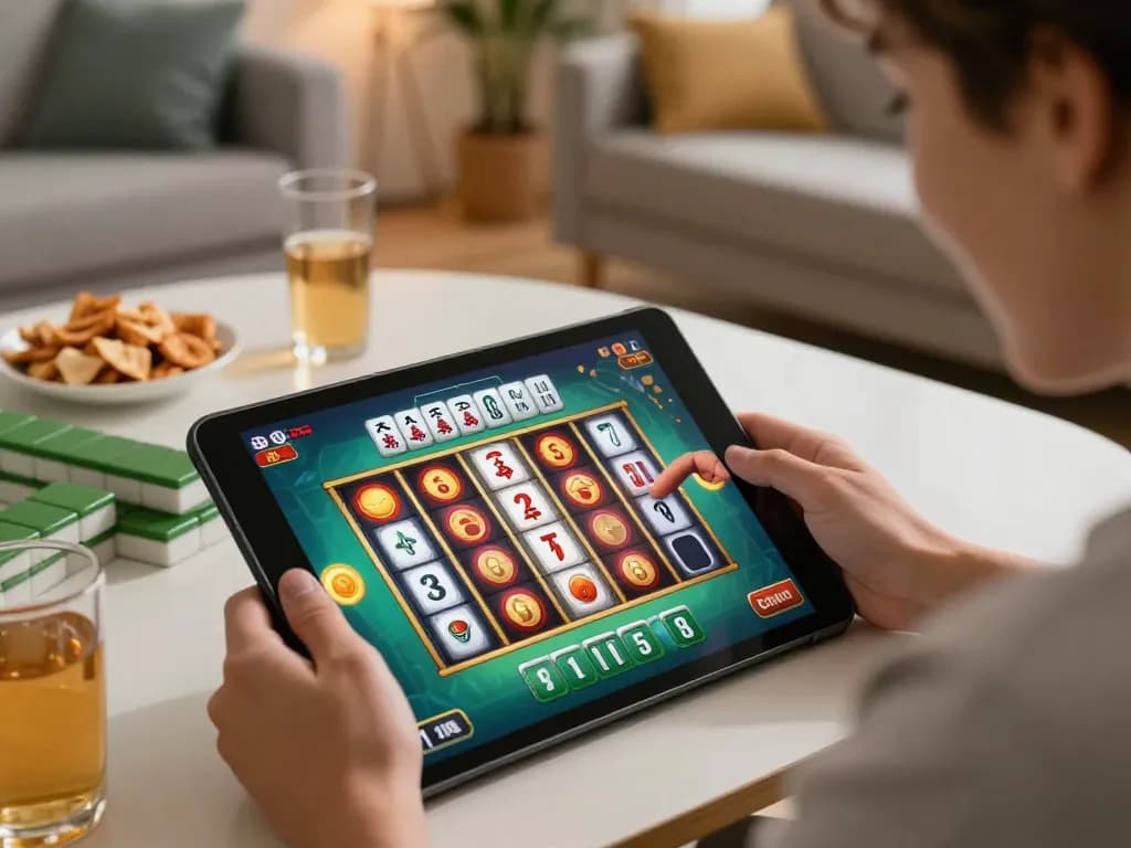 Engaging in a Mahjong slot game on a tablet at home, perfect for exploring situs gacor options.