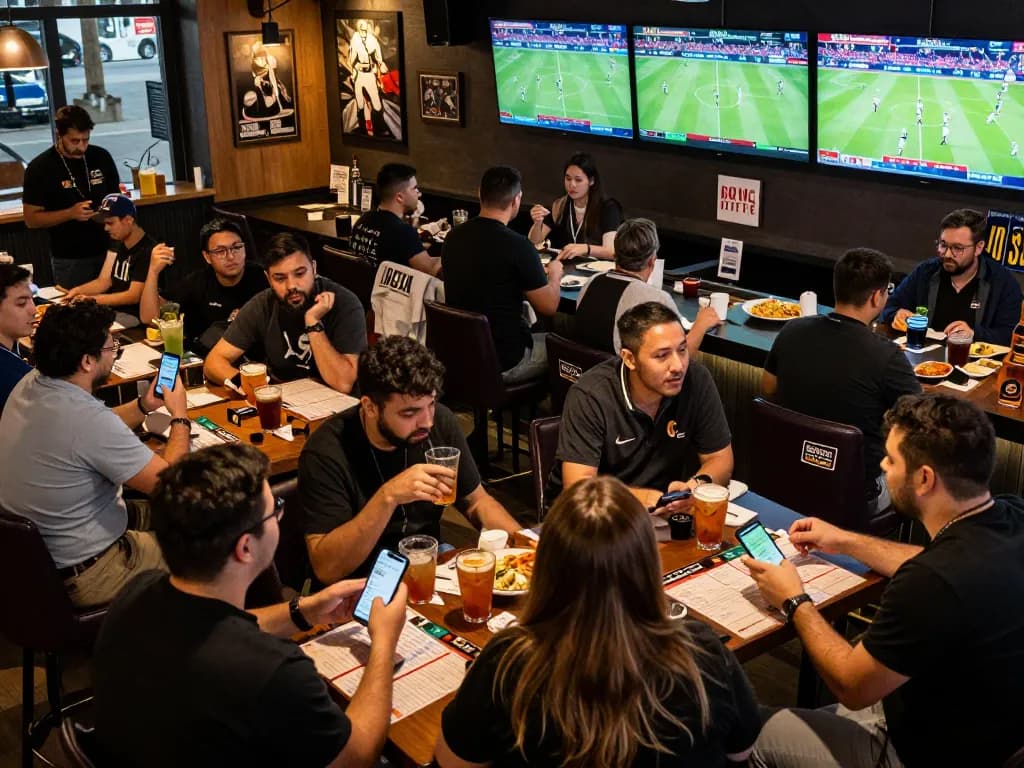 KONG88 patrons excitedly placing bets during a live sports event in a modern setting.