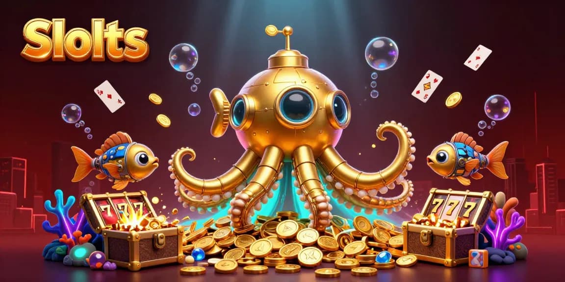 Engage with thrilling Slots as the golden kraken submarine surfaces amidst vibrant treasures and creatures.