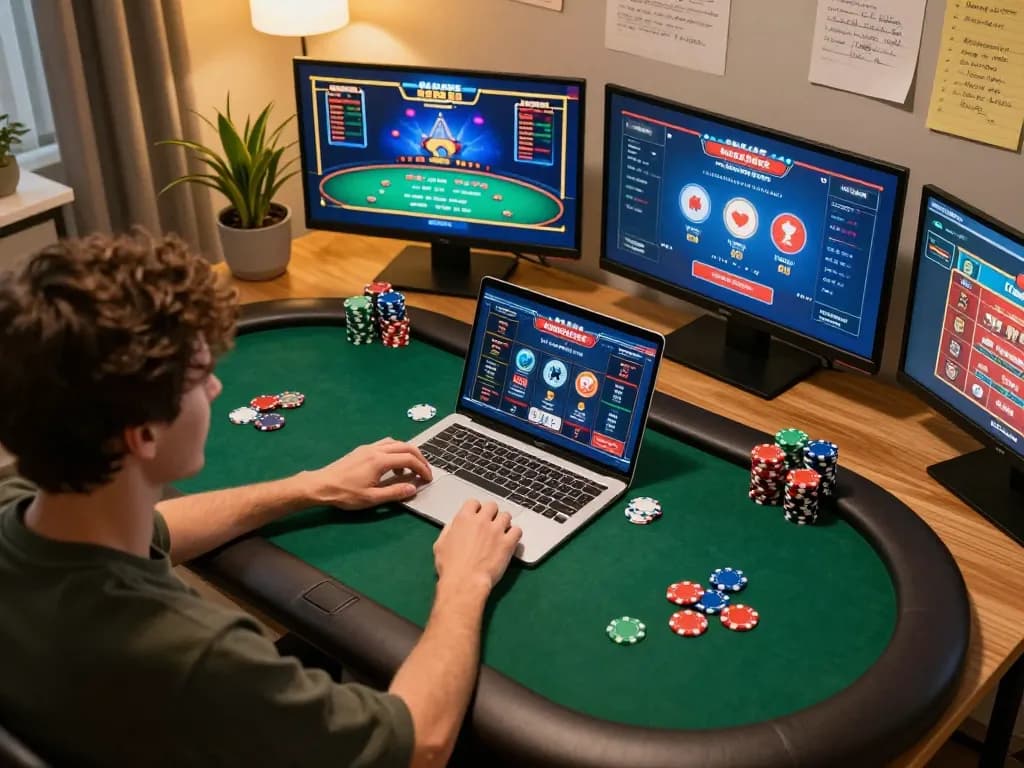 Player engaging with 88xx online poker game on laptop, vibrant chips creating an exciting atmosphere