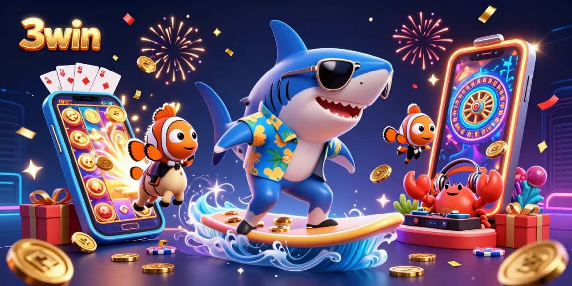 Experience thrilling 3win casino action with a shark and clownfish amidst gold coins and slot games.