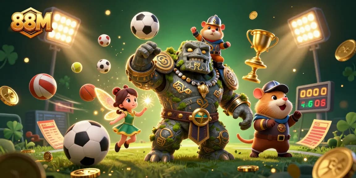 Experience thrilling action with 88M in a vibrant, dynamic casino illustration featuring a golem, fairy, and hamster knight.