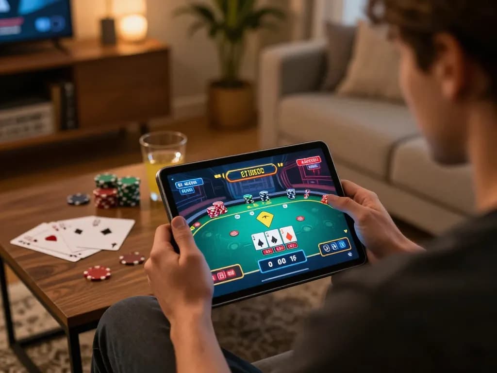 Engaging online poker experience at home with 32win gaming interface visible on tablet