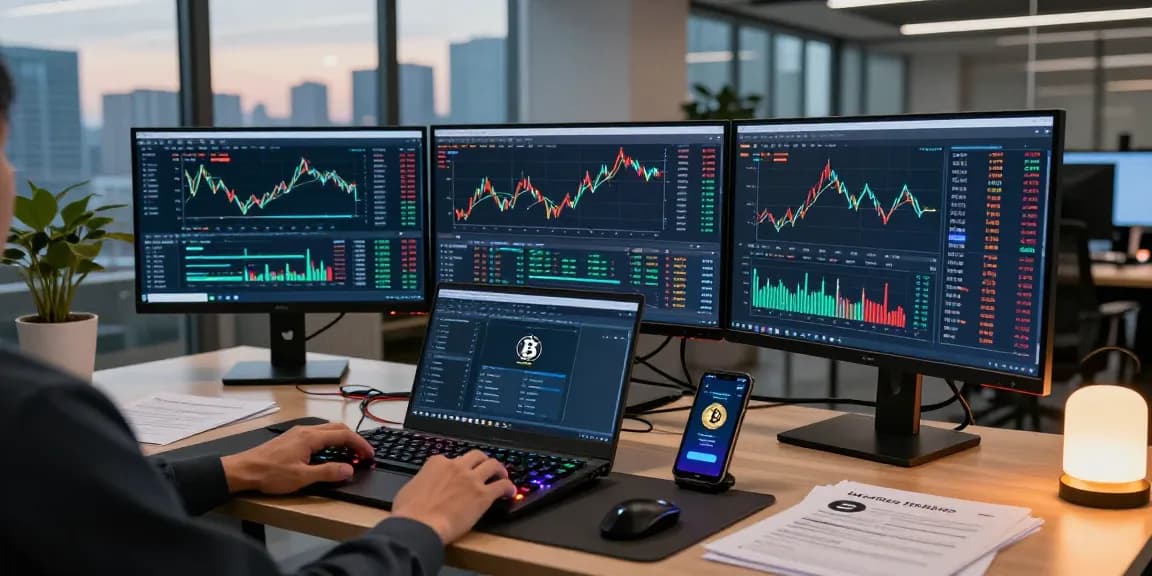 Safe online casinos in Canada and secure blockchain technology at a professional trading desk displaying cryptocurrency charts and DeFi interfaces.