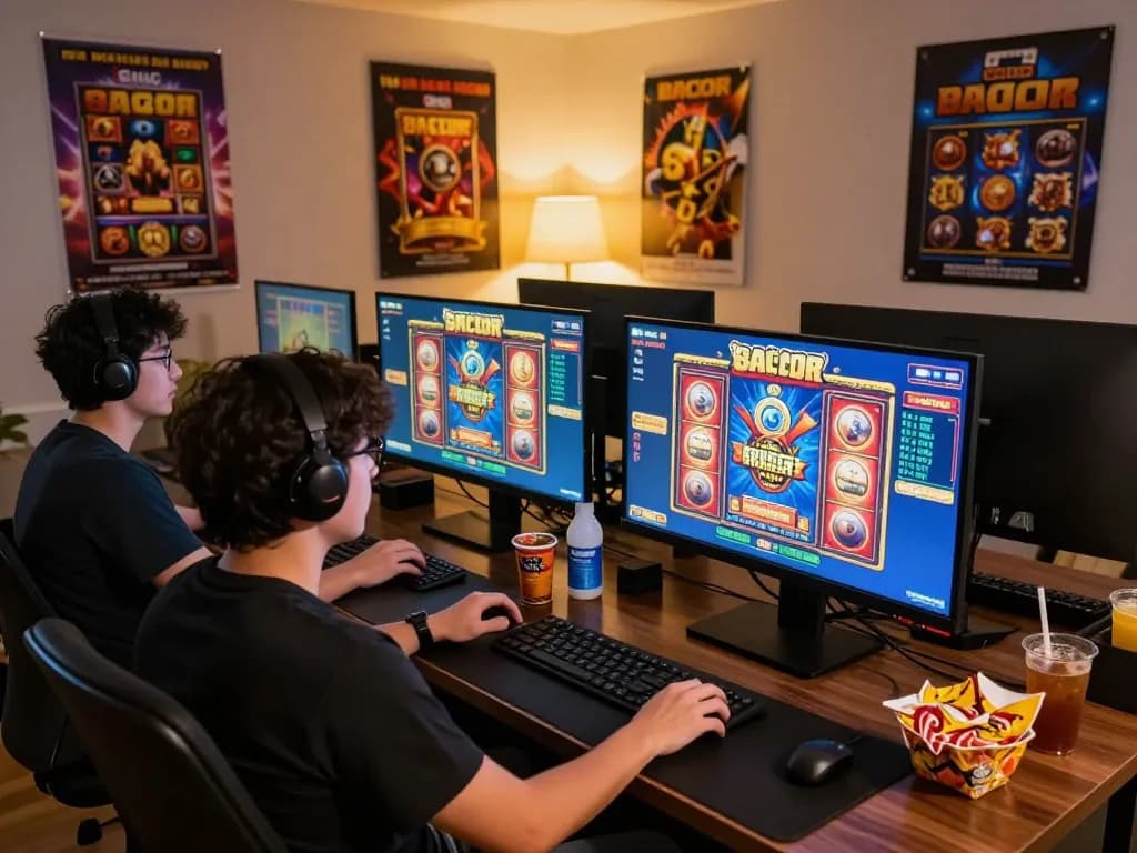 Player spinning slot gacor reels on dual screens in a cozy home setup, enjoying the excitement of online gambling.