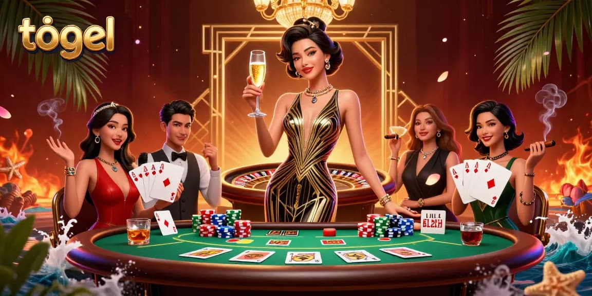 Experience the excitement of togel with vibrant, action-packed digital illustration of a glamorous casino scene.