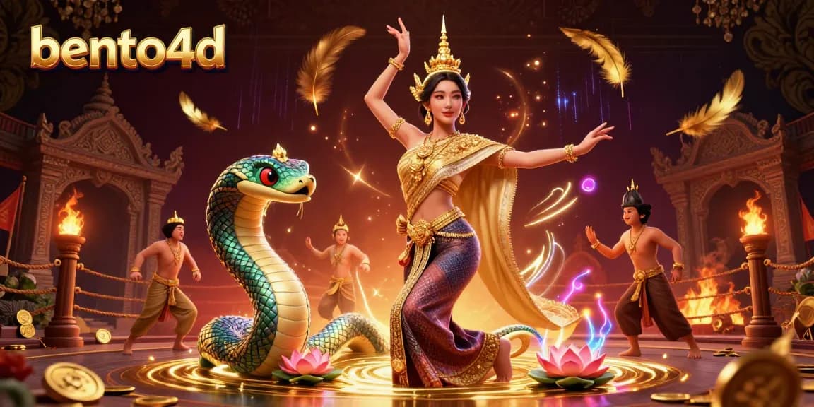 Bento4d menampilkan seorang wanita Asia dalam tarian tradisional dengan Naga pelangi, melambangkan kesempatan dan keberuntungan dalam perjudian.