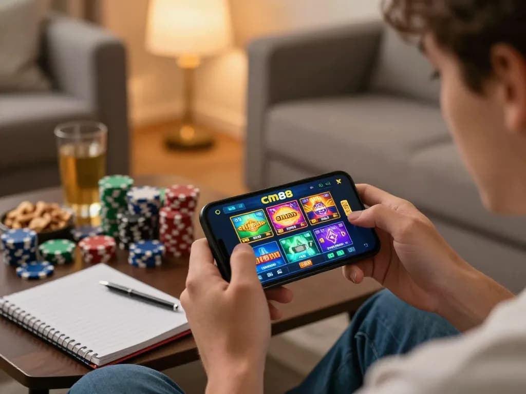 Engaging moment of a player using cm88 app on smartphone for exciting online casino gaming at home.