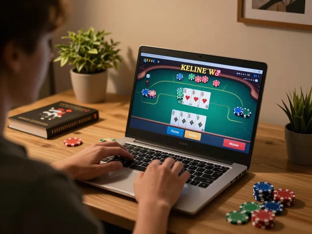 Player using iWin online poker platform on a laptop in a cozy gaming space.