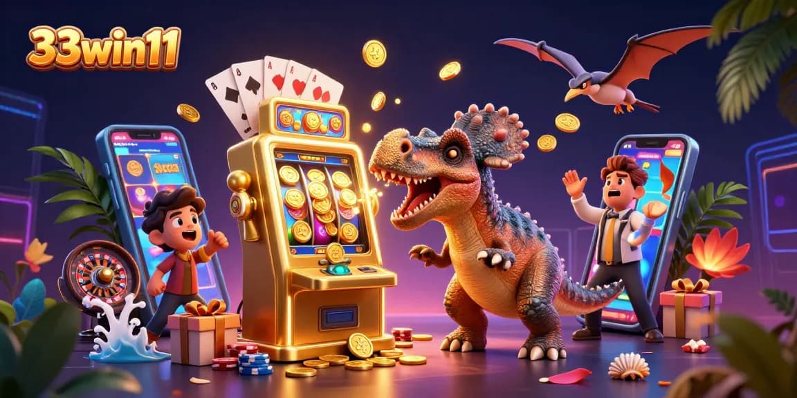 33win11 jackpots pop from a golden machine as dinosaurs celebrate wins in a lively casino scene.