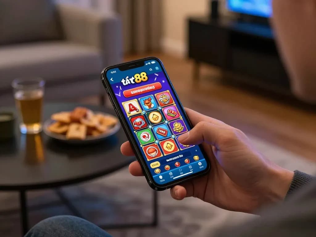 Tải tr88 app interface displayed on a smartphone, reflecting an engaging mobile gaming experience in a cozy living room setting.