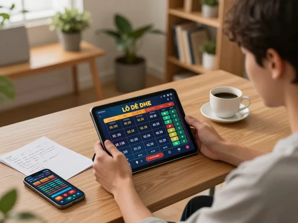 Lô đề online betting session with a person using a tablet in a cozy home office setting, showcasing vibrant numbers and strategies.