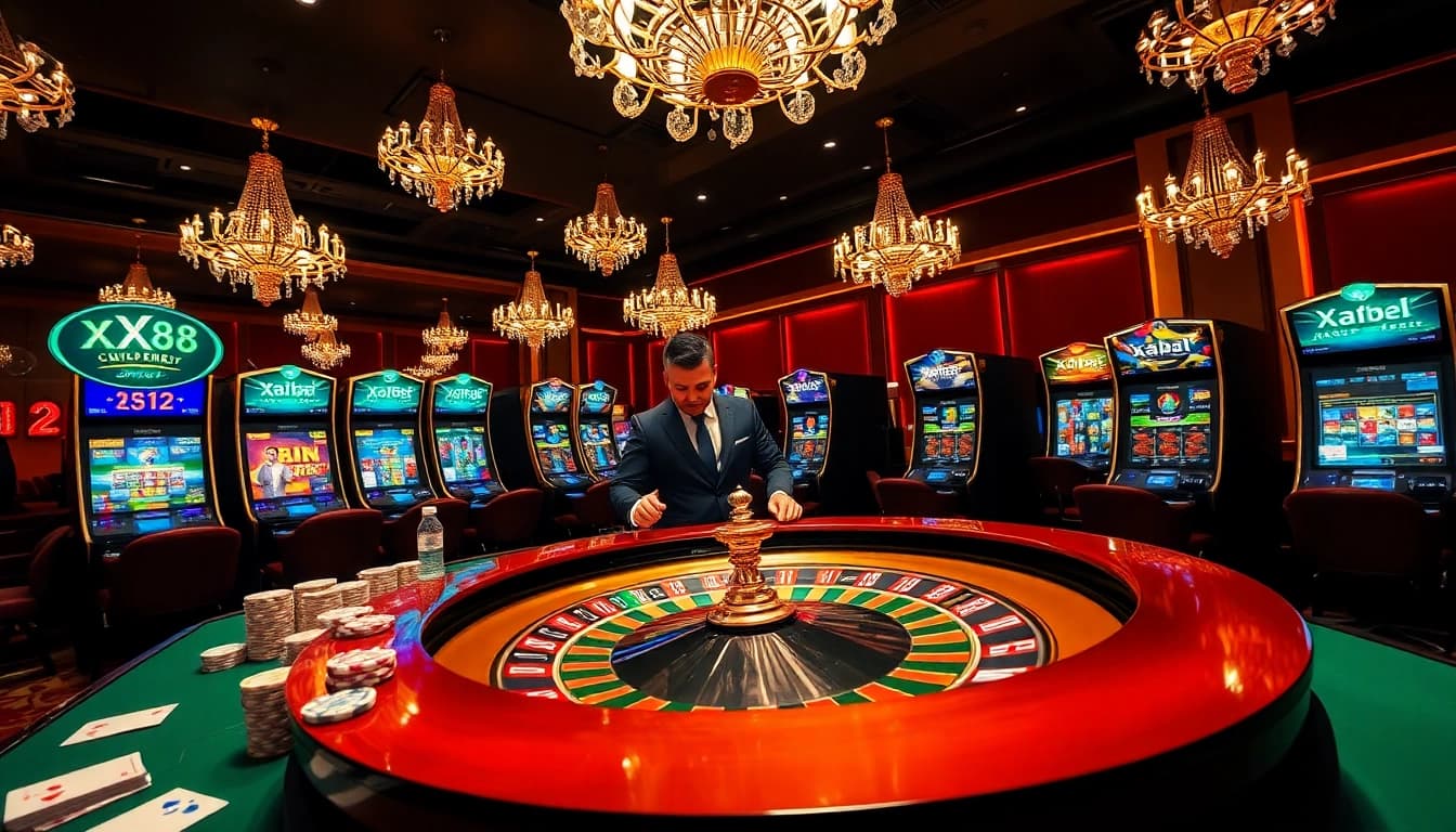 Players engaging with exciting XX88 casino games at a luxurious table with poker chips.