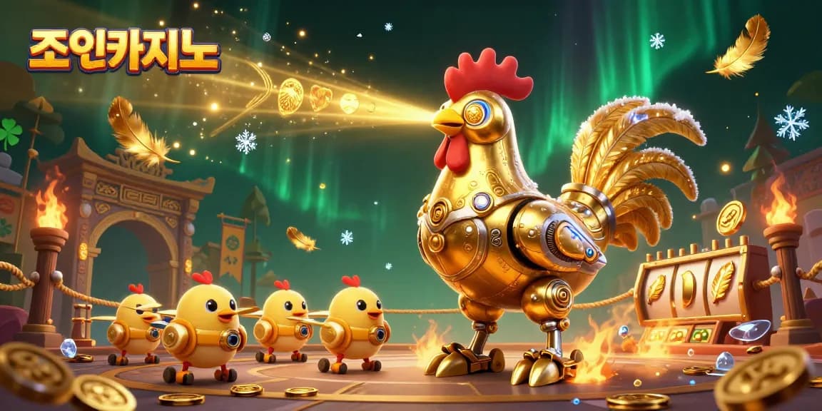 Experience thrilling gameplay at 조이카지노 with our retro-futuristic golden rooster robot and baby chick drones.