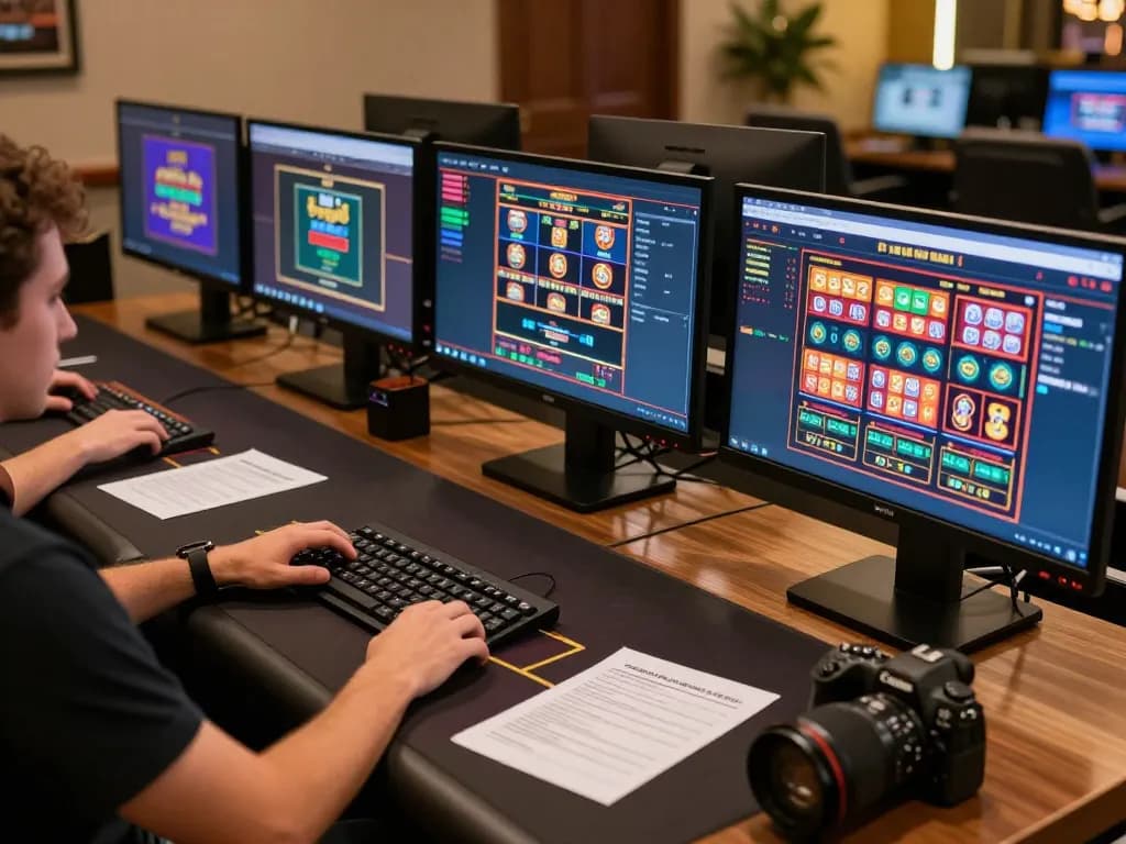 Engaged player strategizing on 789F online casino games with multiple screens.