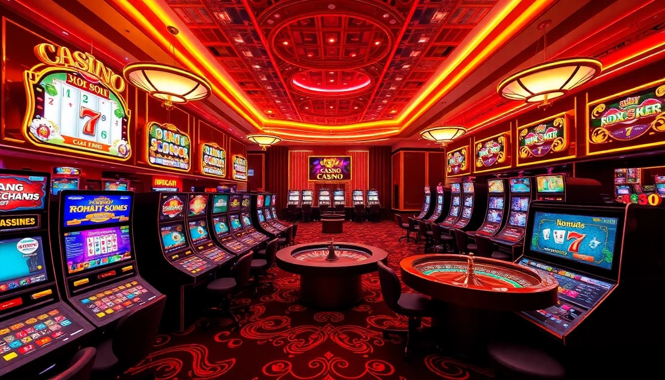 Dynamic gambling scene at TRANG CHỦ HBBET showcasing exciting slot machines and roulette tables.