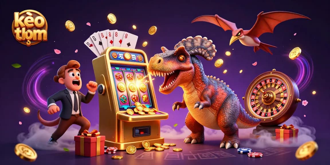 Catch kèo thơm with a pachycephalosaurus celebrating jackpot wins in this lively casino scene.