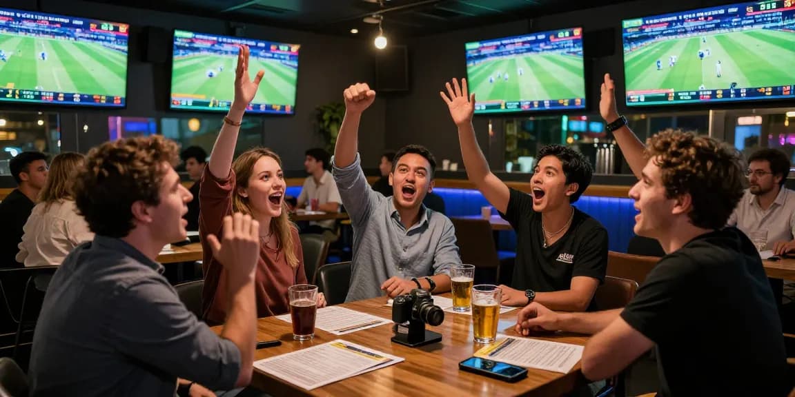 Exciting cricket betting atmosphere at Fairplay24 sports bar with live action and engaged users.