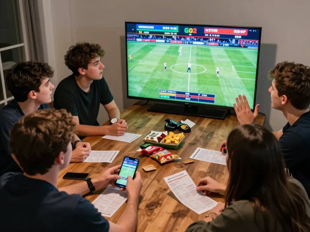 Cheering friends placing bets on a smartphone for go8 com sports betting event.