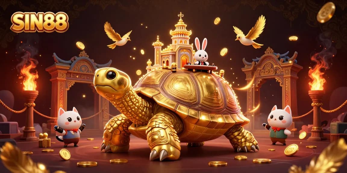 SIN88 showcases a vibrant casino scene with golden tortoise and rabbit dealer amid dynamic gambling elements.