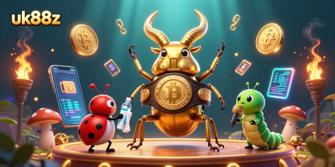 Experience uk88z crypto gaming with an epic 3D scene featuring a golden stag beetle champion!
