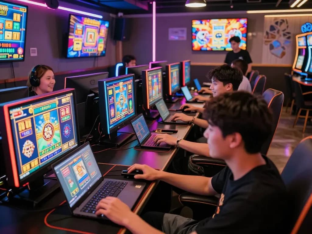 Pemain menikmati slot online laoban188 di lounge permainan yang penuh warna