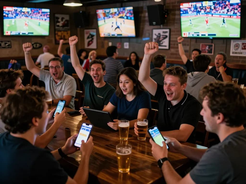 Para penggemar dengan antusias mengikuti pembaruan Skor Langsung di lingkungan bar olahraga yang ramai pada hari pertandingan.