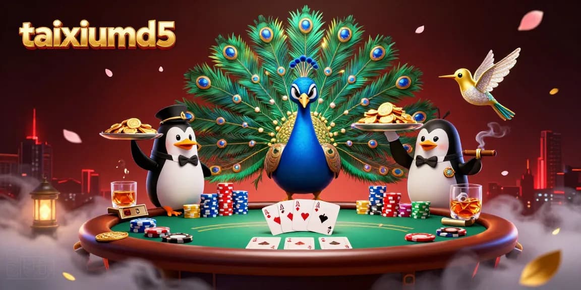 Engage in the vibrant Tài Xỉu MD5 casino scene with characters showcasing poker elements.