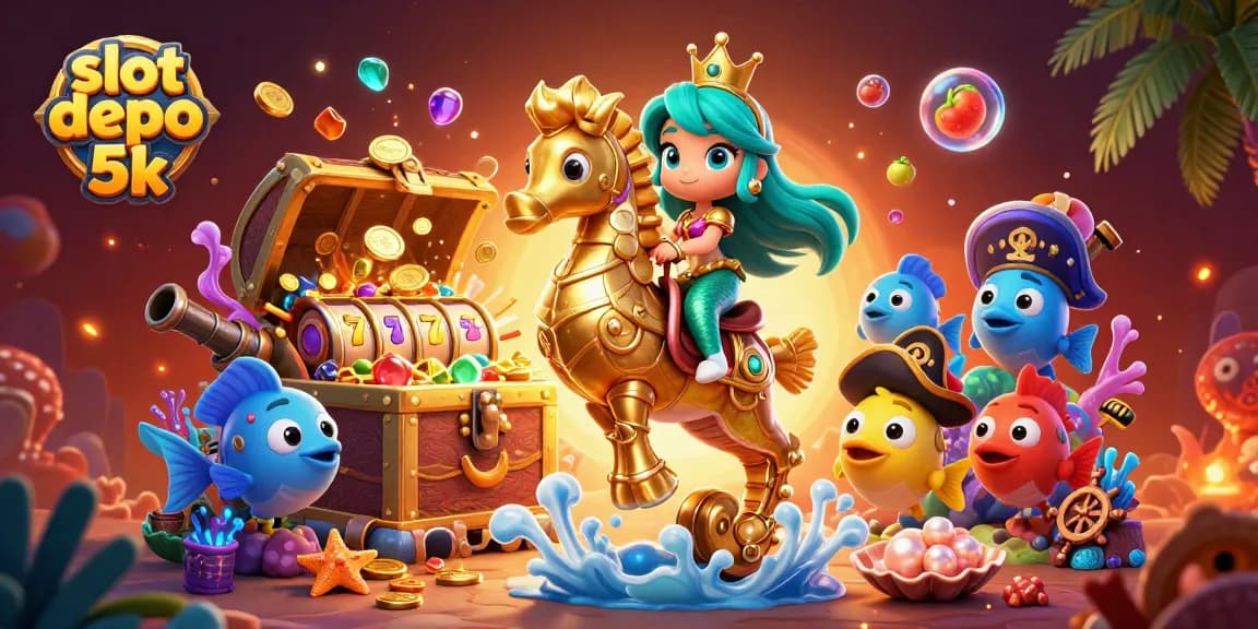 Play the exciting slot depo 5k with a mermaid princess, seahorse, and treasure in this vibrant illustration.