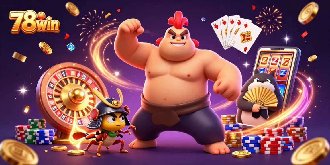 Experience the excitement of 78win with lively characters and casino elements in this vibrant casino-themed illustration.