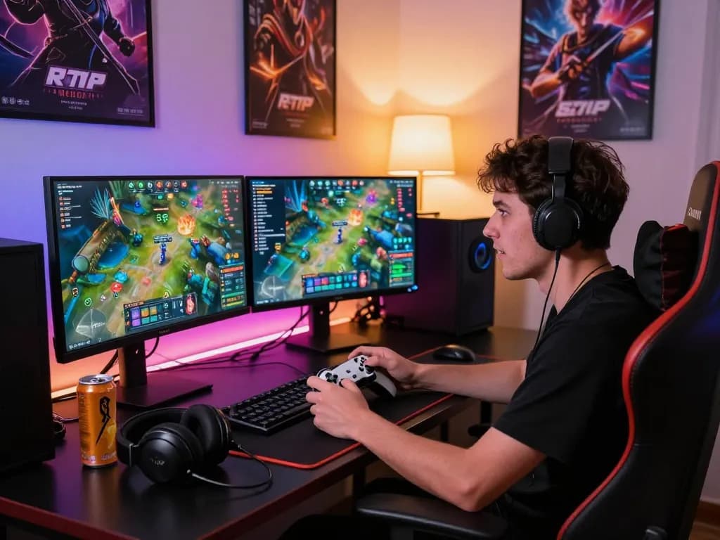 Intense online gamer at stylish desk using DEWI123 for real-time game data analysis.