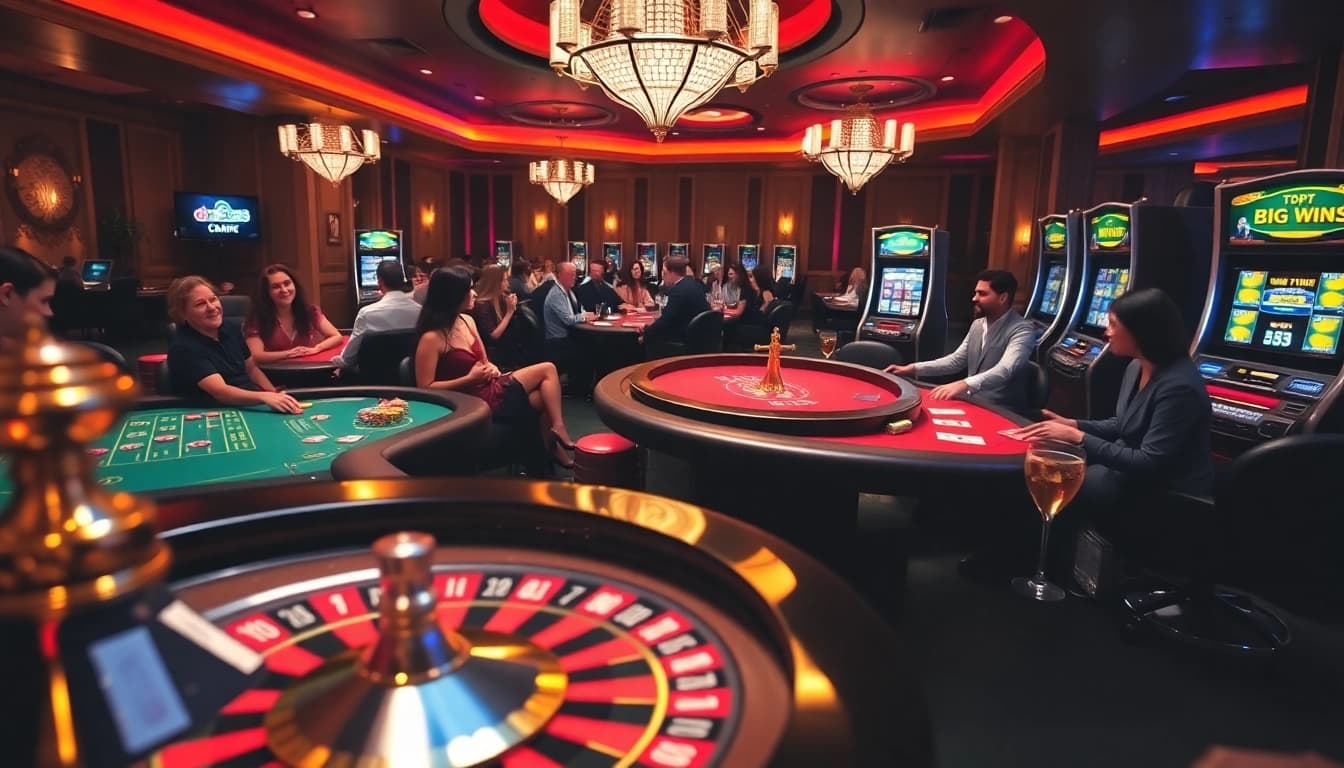 Experience the thrill at dn 888, featuring vibrant casino tables and excited players in a luxurious gaming environment.