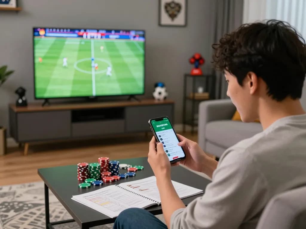 Witnessing live football action while checking kèo nhà cái trực tuyến on a smartphone, showcasing an engaged betting experience.
