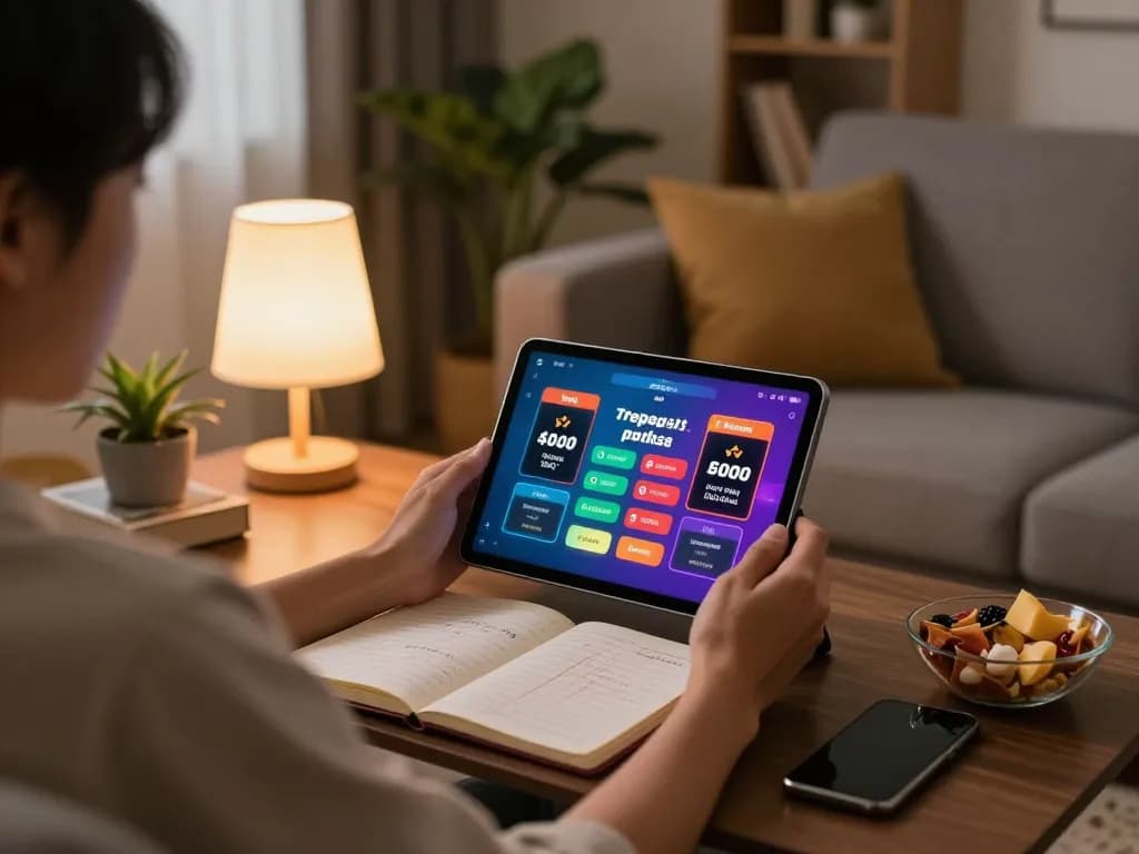 Engaging moment of playing togel deposit pulsa on tablet in a cozy home setting.