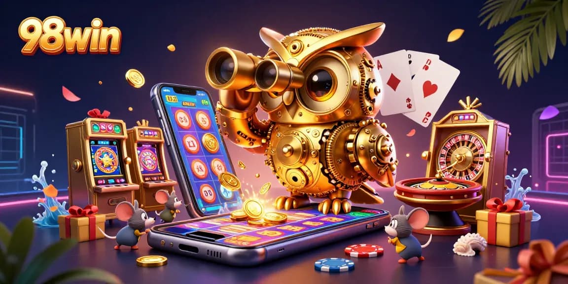 Engage in exciting gaming at 98win with a vibrant casino scene featuring unique characters and dynamic gambling elements.