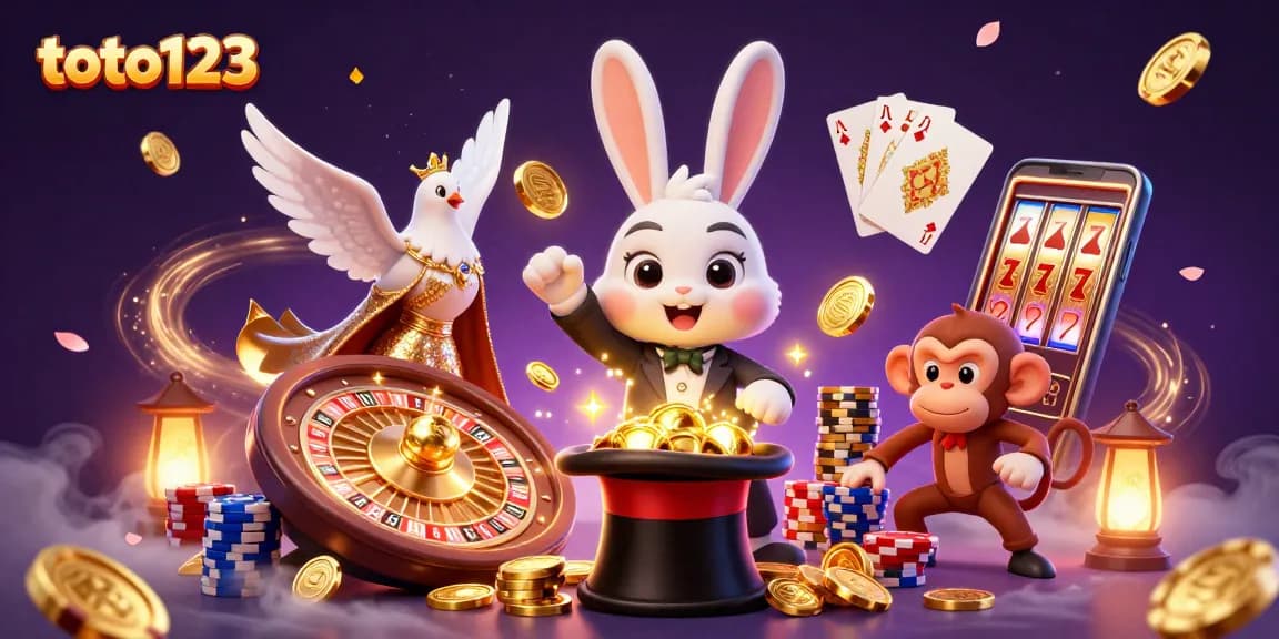 Experience enchanting wins with toto123, featuring a magician rabbit pulling coins, cards, and slots in action.