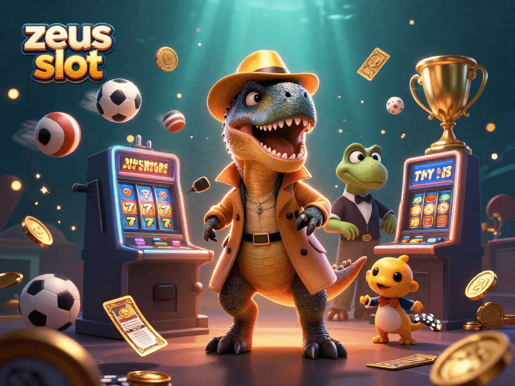 Experience zeus slot excitement with a velociraptor card counter at a vibrant slot machine surrounded by other engaging casino elements.
