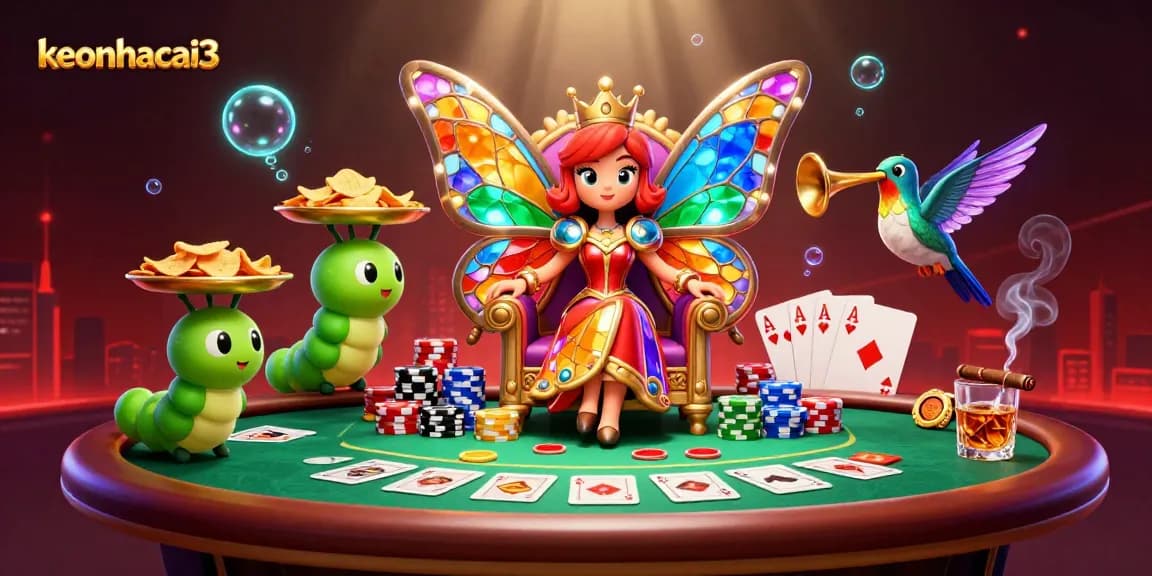 Engage with keonhacai3's vibrant poker scene featuring a butterfly queen and colorful chips.