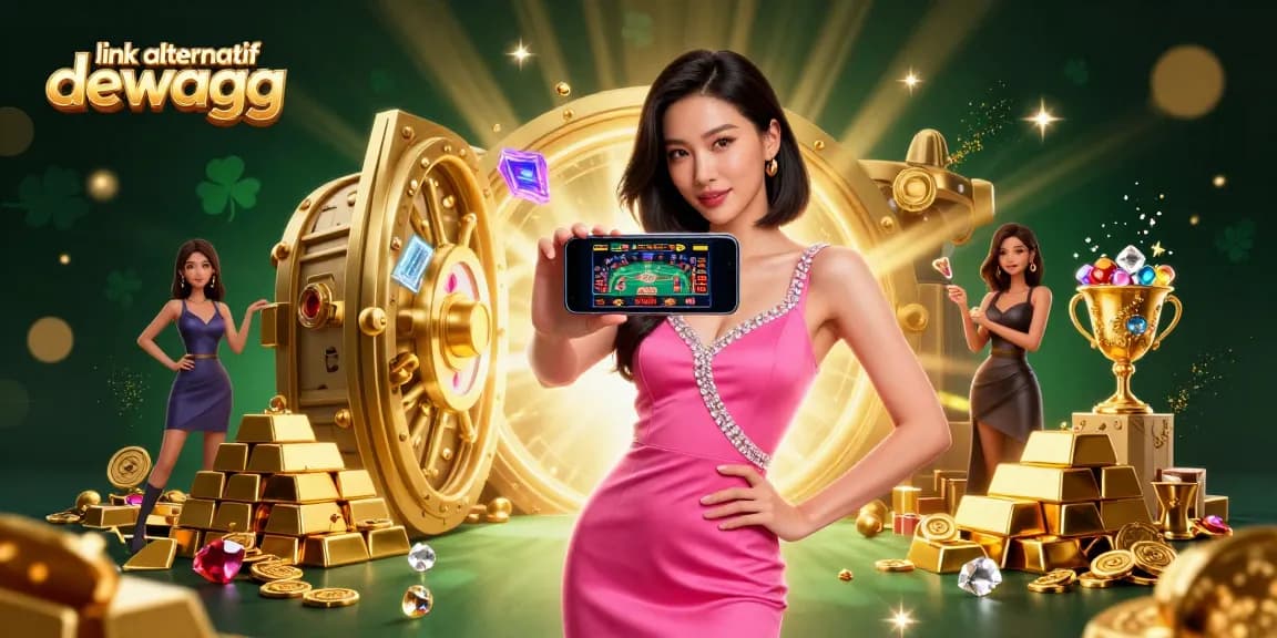 Engage with the exciting link alternatif dewagg, showcasing a confident woman in a vibrant casino scene.