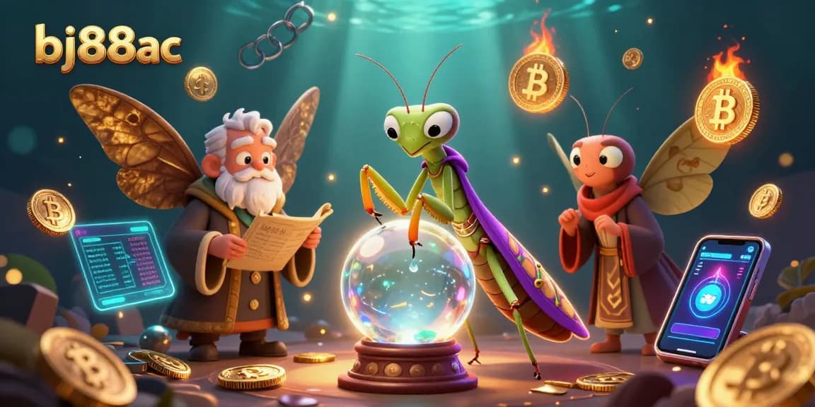 Engage with the magical world of bj88ac through vibrant 3D casino characters and crypto elements.