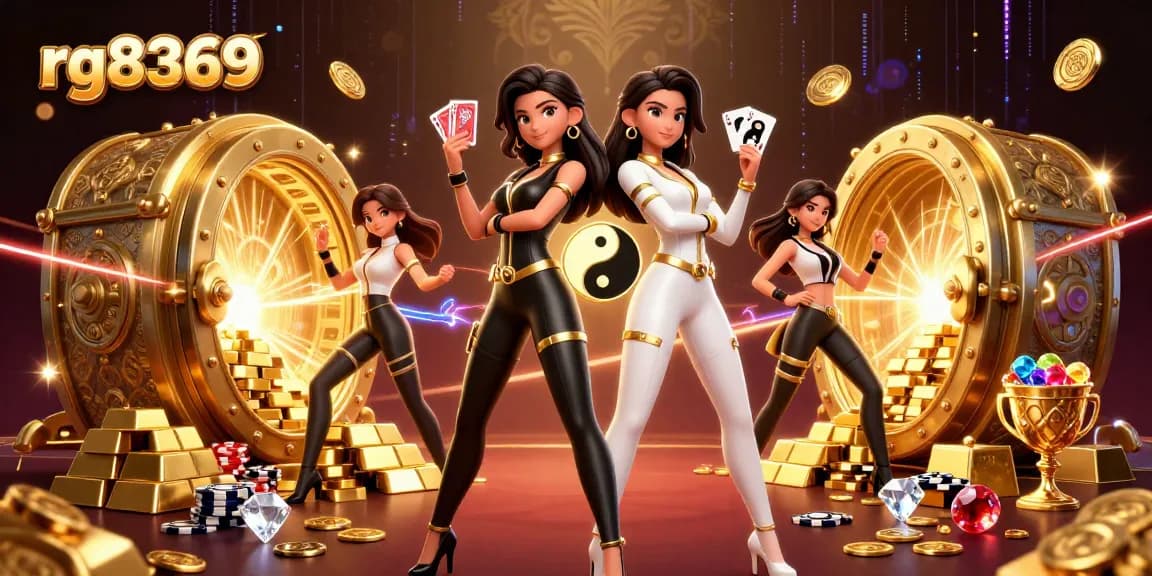 Win big at rg8369 with twin Asian women showcasing their poker skills amidst dazzling casino treasures.